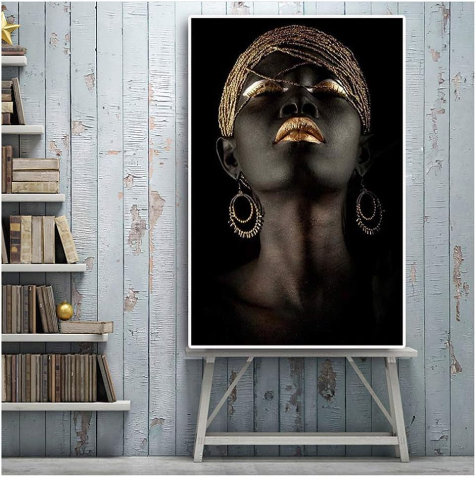 African Art Black and Gold Woman Oil Painting on Canvas Cuadros Posters Girl Canvas Print Scandinavian Wall Art Picture for Girls Living Room Bedroom Decoration(No Frame)