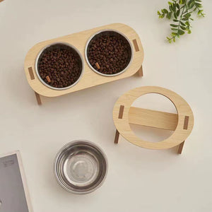 Elevated Pet Bowls Tilted Single/Double Cat Stainless Steel Food Bowls Wooden Dog Water Feeding Container Cat Supplies