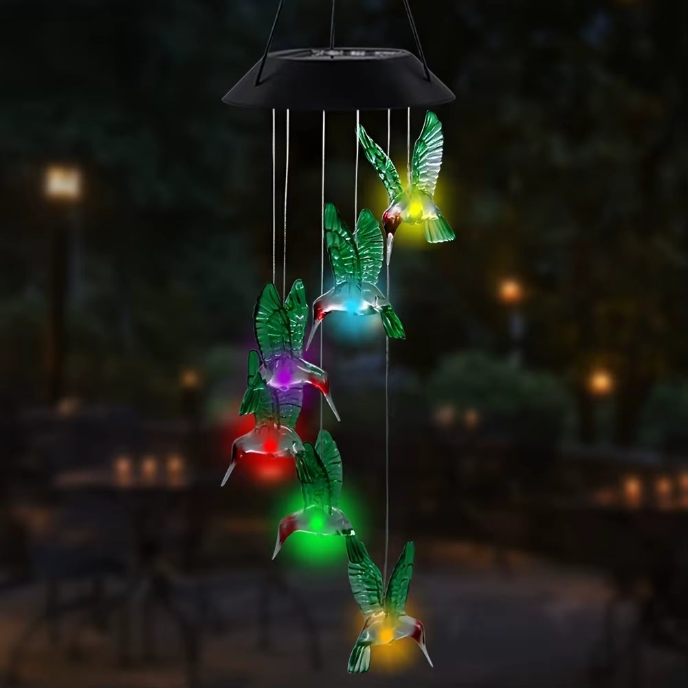 1PC Solar-Powered Hummingbird Wind Chimes - Color-Changing LED Light - Outdoor Garden Decor