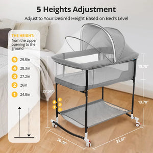 Baby Bassinet,  4 in 1 Adjustable Infant Bedside Crib Beds with Changing Table, Storage Basket, Wheel, Mosquito Net, for 0-24 Months, Gray