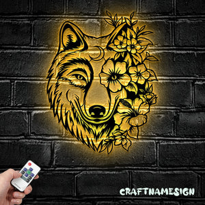 Floral Wolf Metal Wall Art LED Light, Wolf Sign Home Decor, Ideal for Home Decor