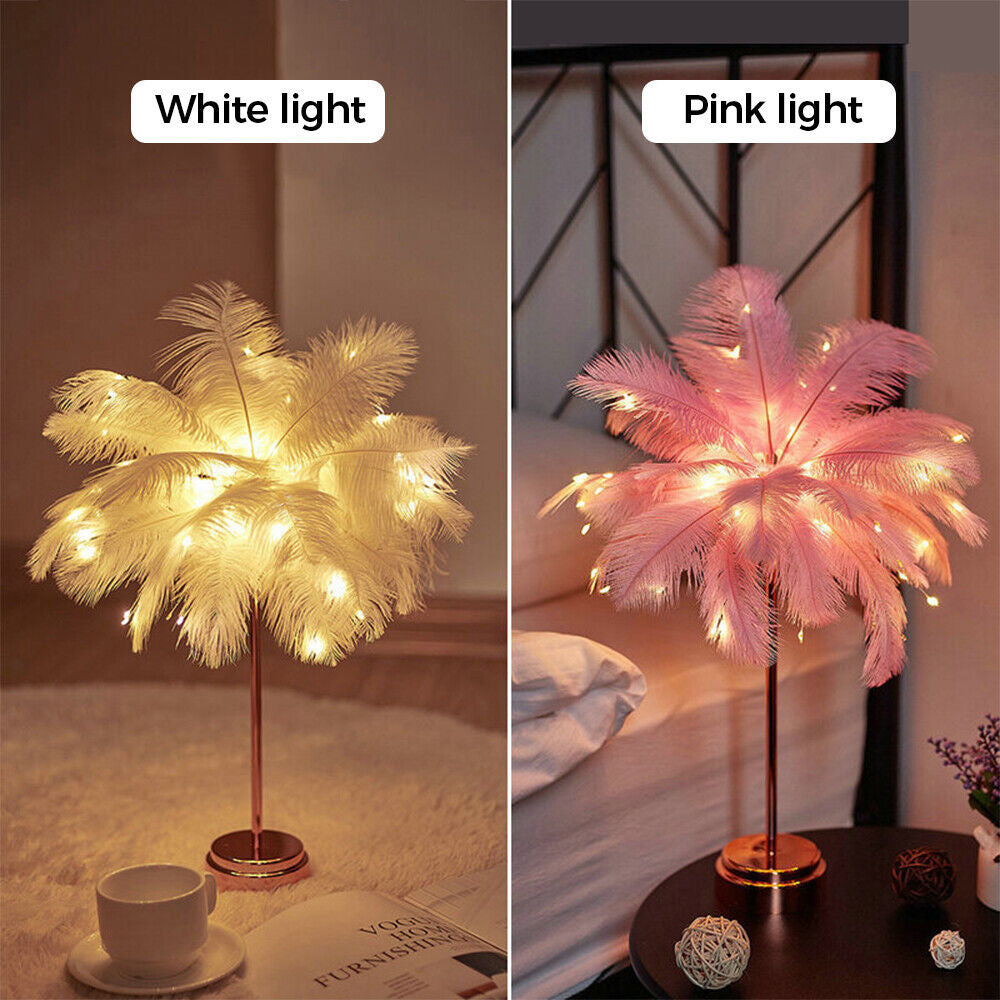 Feather Shade Table Lamp Table Night Light Decor Light Usb/Battery Power Wedding