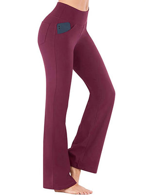 Women Bootcut Yoga Pants with Pockets Female High Waist Bootleg Trousers Workout Activewear Dark Red M