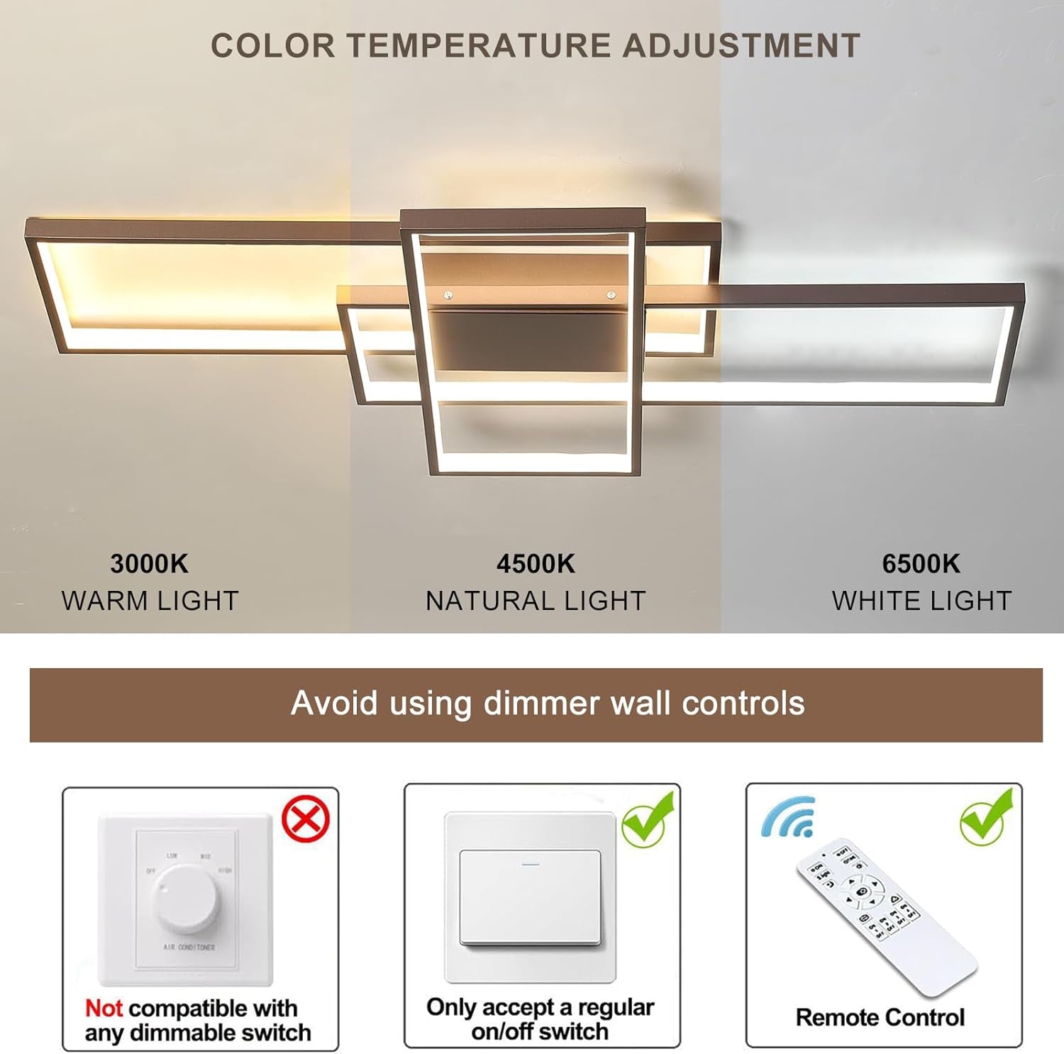 LED Ceiling Light,50W Dimmable Ceiling Lamp with Remote Control,3 Square Modern Coffee LED Chandelier,Flush Mount Ceiling Light Fixture for Dining Living Room Study,3 Color