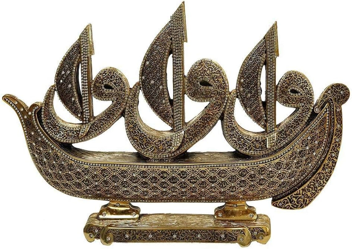 Islamic Turkish Table Decor Showpiece Gift Sculpture Figure Arabic Waw Sailboat 99 Names of Allah (Gold)