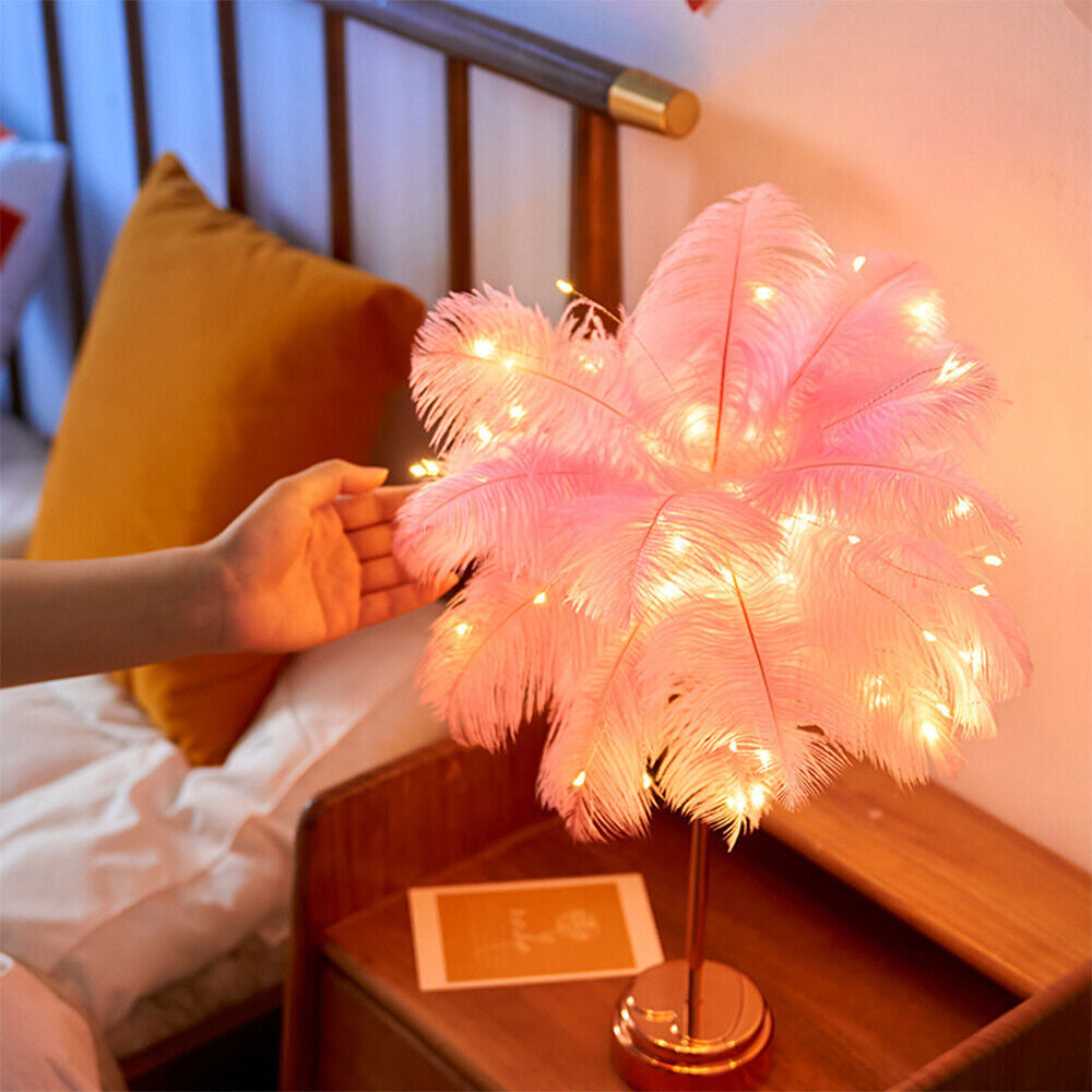 Feather Shade Table Lamp Table Night Light Decor Light Usb/Battery Power Wedding