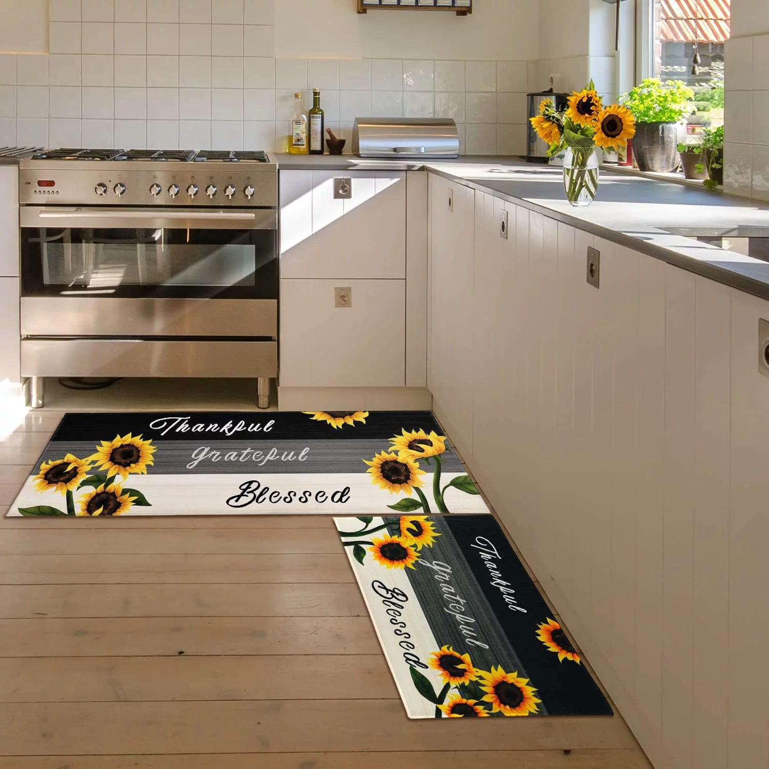 Sunflower Kitchen Rugs - Kitchen Mat Set of 2, Sunflower Decor Sunflower Rugs for Kitchen, Farmhouse Kitchen Rugs, Country Sunflower Kitchen Decor Accessories Things - Sunflower Rugs and Mats