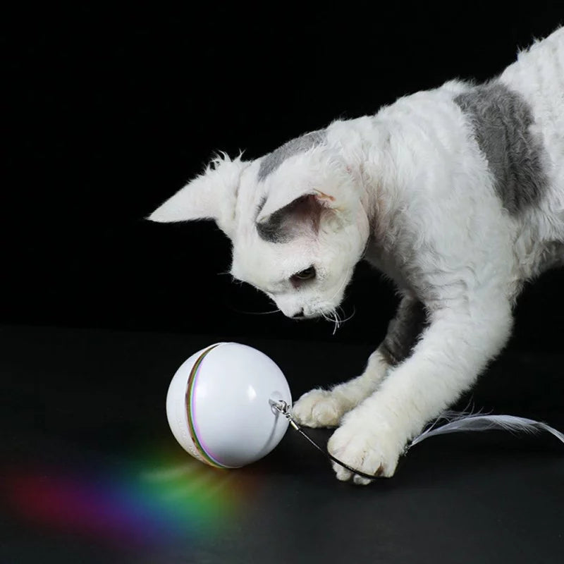 Pet Automatic Ball of Yarn Cat Toy Smart Interactive Cat Toys Colorful LED Self Rotating Ball with Bell and Feather USB Rechargeable Cat Ball Toy Cat Dog Toys Pet Toy