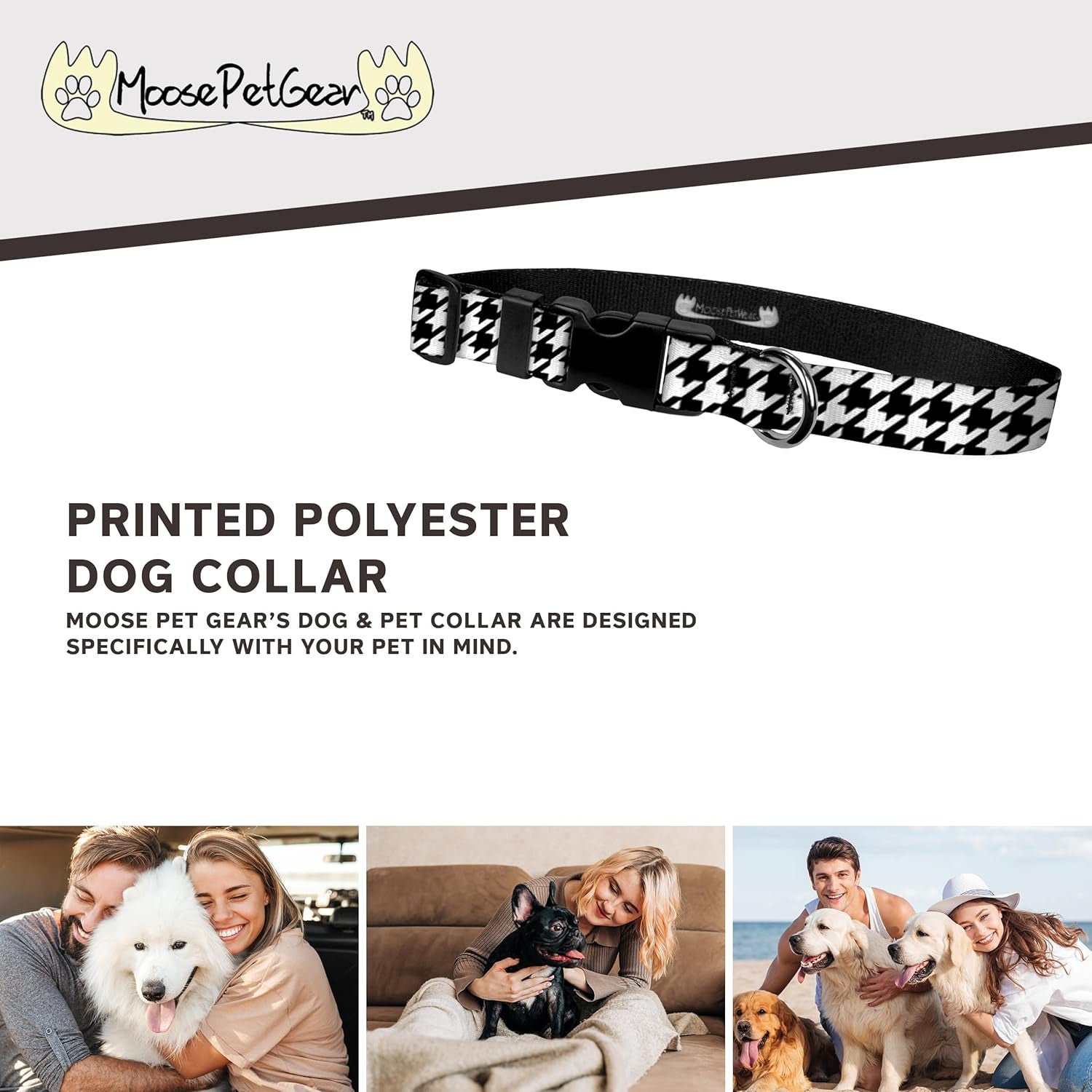 Dog Collar - Patterned Adjustable Pet Collars, 1 Inch Wide, Medium, Houndstooth Black/White