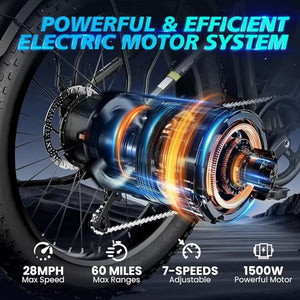 Electric Bike,1500 W(Peak) Motor, Speed Can Reach 28 Mph Electric Bikes for Men,, 48V Battery, Max Travel 60 Miles