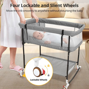 Baby Bassinet,  4 in 1 Adjustable Infant Bedside Crib Beds with Changing Table, Storage Basket, Wheel, Mosquito Net, for 0-24 Months, Gray