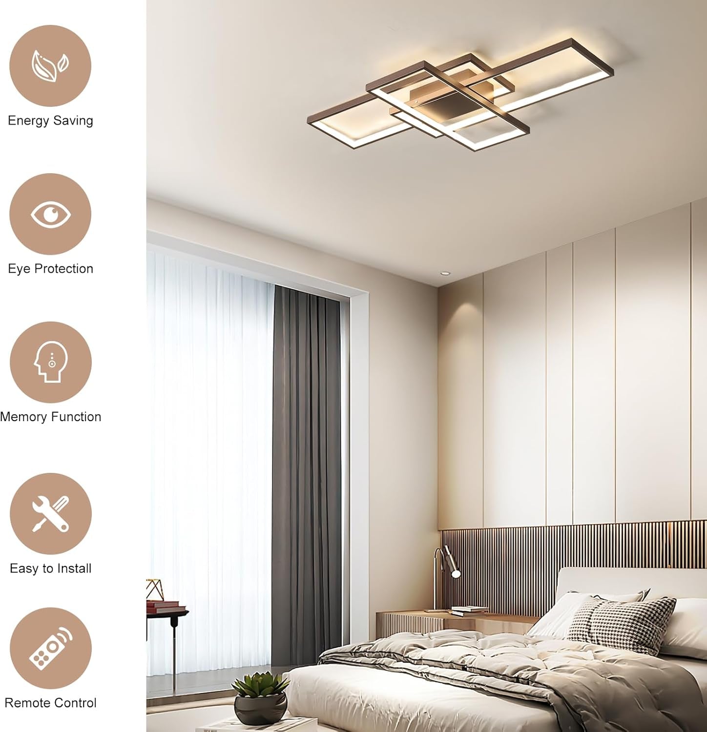 LED Ceiling Light,50W Dimmable Ceiling Lamp with Remote Control,3 Square Modern Coffee LED Chandelier,Flush Mount Ceiling Light Fixture for Dining Living Room Study,3 Color