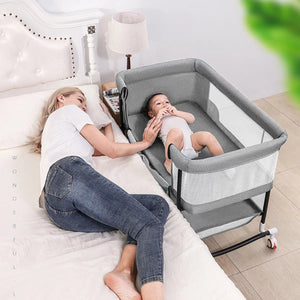 Baby Bassinet,  4 in 1 Adjustable Infant Bedside Crib Beds with Changing Table, Storage Basket, Wheel, Mosquito Net, for 0-24 Months, Gray