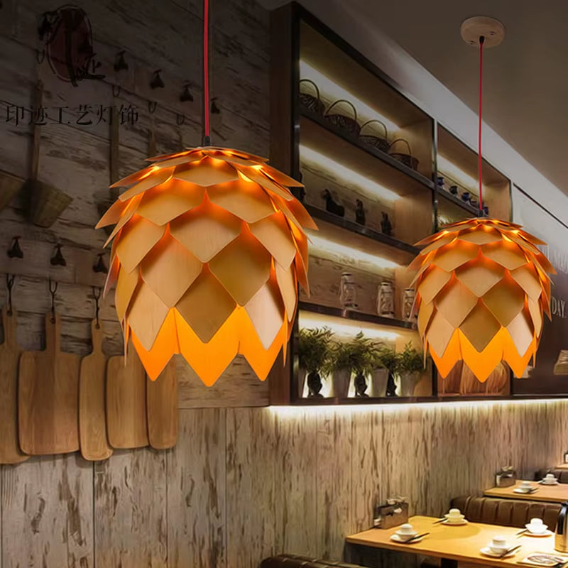 Retro Nordic Pinecone Led Pendant Lamps Modern Wooden Modern DIY IQ Elements Puzzle Bedroom Art Wood Lamparas Light Fixtures