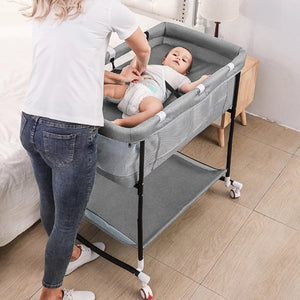 Baby Bassinet,  4 in 1 Adjustable Infant Bedside Crib Beds with Changing Table, Storage Basket, Wheel, Mosquito Net, for 0-24 Months, Gray