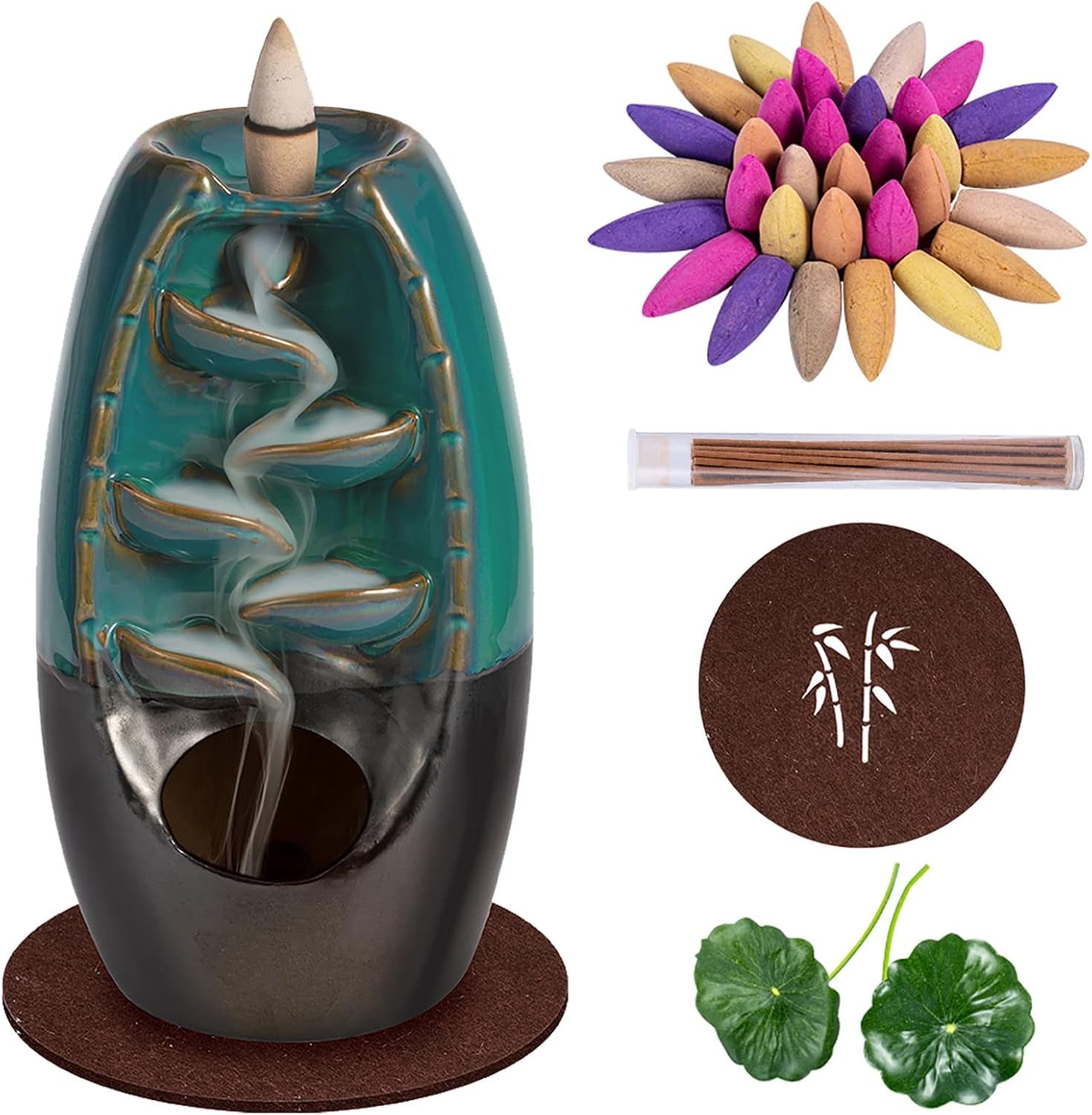 Waterfall Incense Holder Backflow Cone Ceramic Burner Handcrafted Porcelain Censer Incense Stick Stand with 20 Free Cones