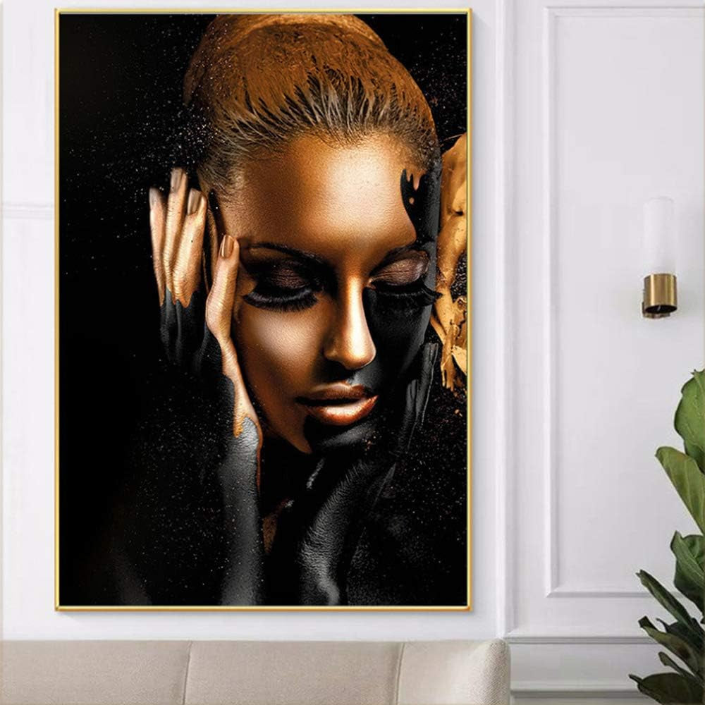 African Art Black and Gold Woman Oil Painting on Canvas Cuadros Posters Girl Canvas Print Scandinavian Wall Art Picture for Girls Living Room Bedroom Decoration