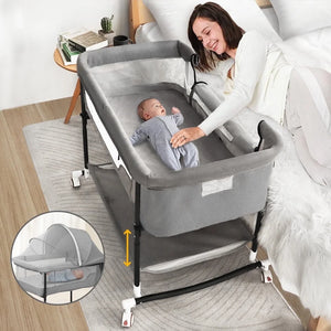 Baby Bassinet,  4 in 1 Adjustable Infant Bedside Crib Beds with Changing Table, Storage Basket, Wheel, Mosquito Net, for 0-24 Months, Gray