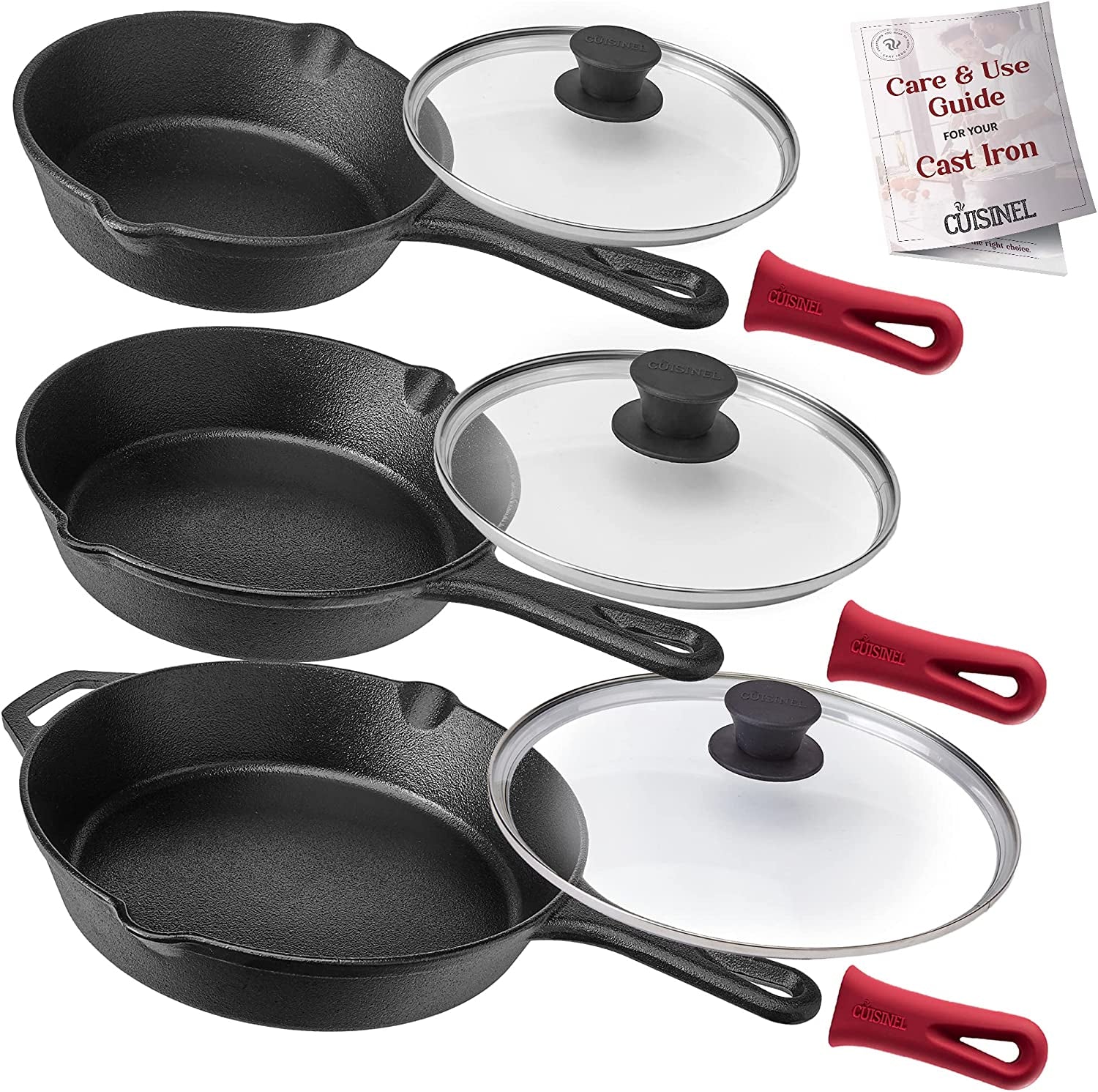 Cast Iron Skillet Set - 6"+8"+10"-Inch + Glass Lids + Silicone Handle Holder Covers - Pre-Seasoned Frying Pan - Oven Safe Cookware - Indoor/Outdoor, Grill, BBQ, Fire, Stovetop, Induction Safe