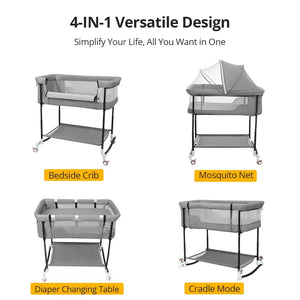 Baby Bassinet,  4 in 1 Adjustable Infant Bedside Crib Beds with Changing Table, Storage Basket, Wheel, Mosquito Net, for 0-24 Months, Gray