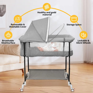 Baby Bassinet,  4 in 1 Adjustable Infant Bedside Crib Beds with Changing Table, Storage Basket, Wheel, Mosquito Net, for 0-24 Months, Gray