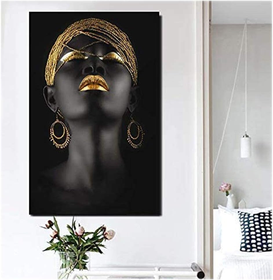 African Art Black and Gold Woman Oil Painting on Canvas Cuadros Posters Girl Canvas Print Scandinavian Wall Art Picture for Girls Living Room Bedroom Decoration(No Frame)