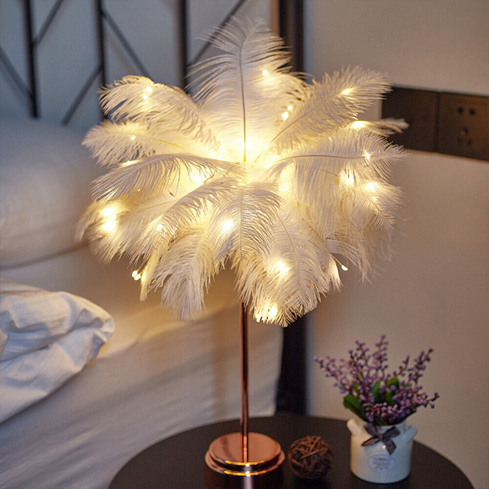 Feather Shade Table Lamp Table Night Light Decor Light Usb/Battery Power Wedding