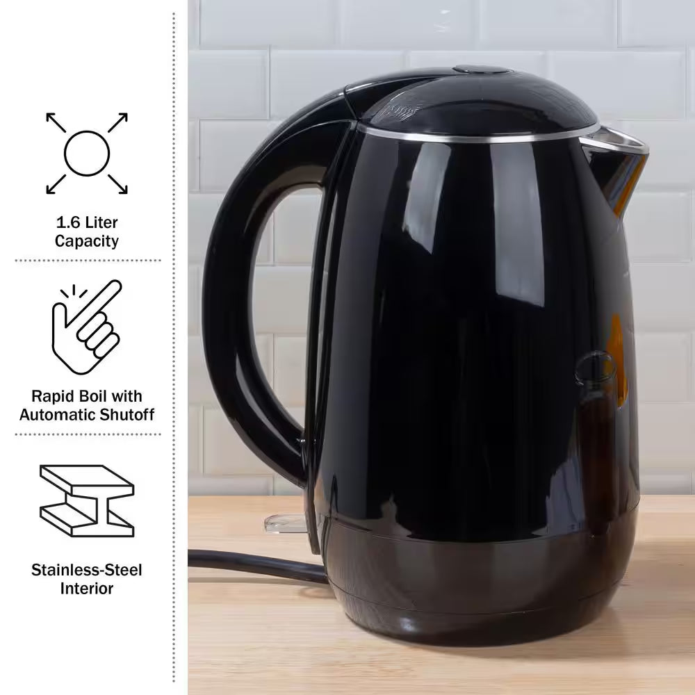 7-Cup Stainless-Steel Interior Electric Kettle Auto-Off Rapid Boil, Black