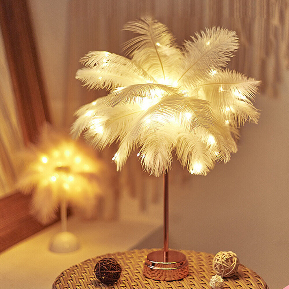 Feather Shade Table Lamp Table Night Light Decor Light Usb/Battery Power Wedding