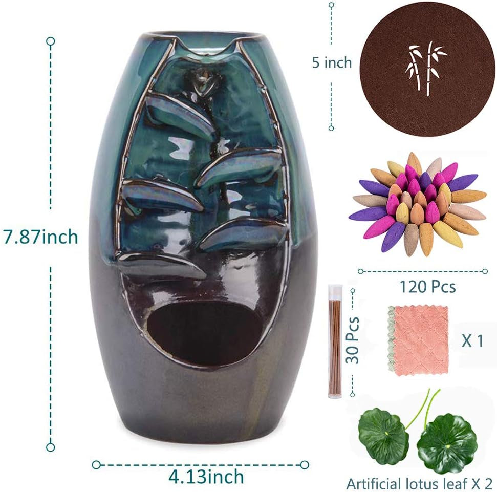 Waterfall Incense Holder Backflow Cone Ceramic Burner Handcrafted Porcelain Censer Incense Stick Stand with 20 Free Cones