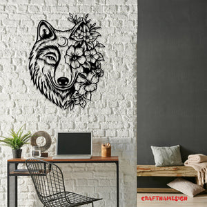 Floral Wolf Metal Wall Art LED Light, Wolf Sign Home Decor, Ideal for Home Decor