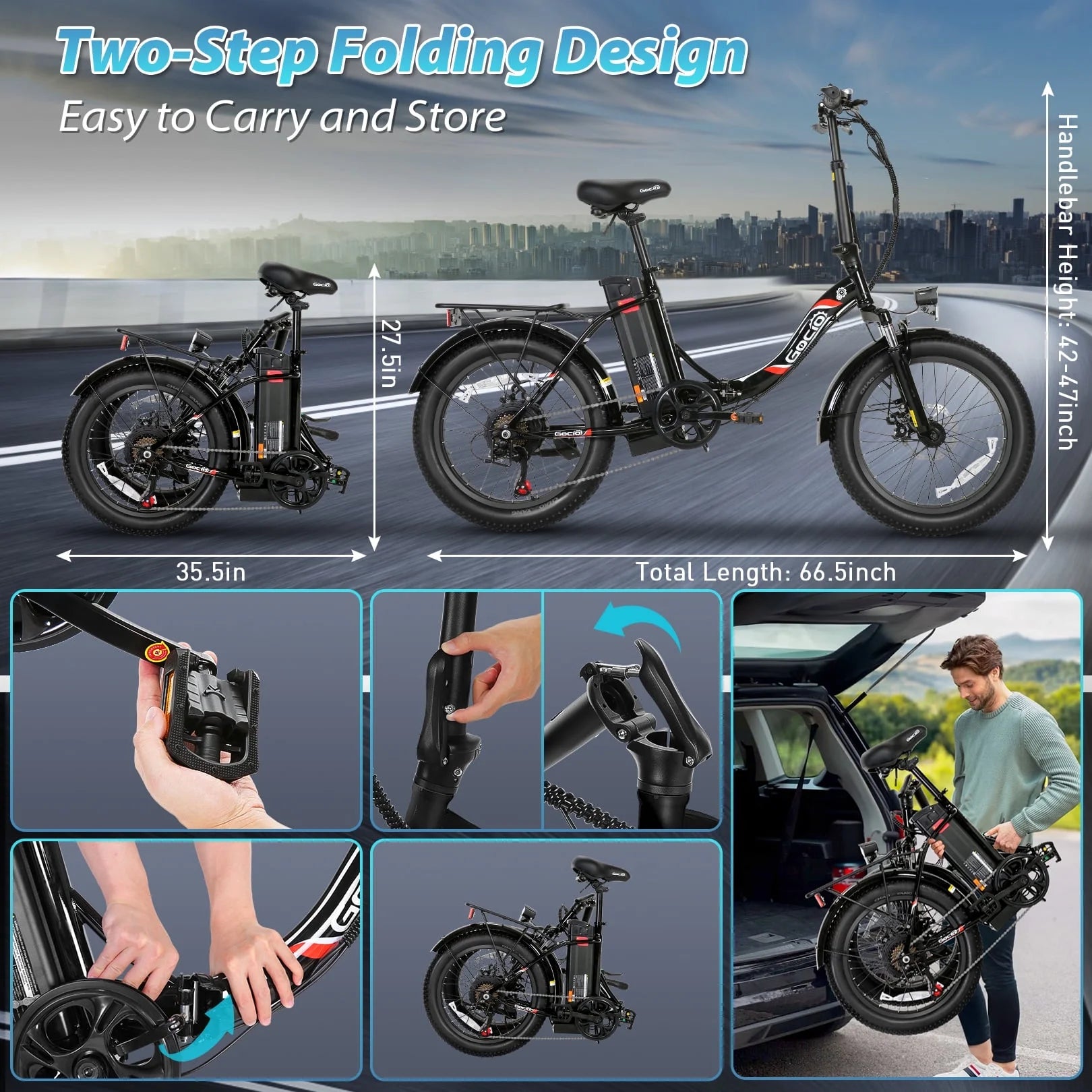 500W Electric Bike, 20" * 3.0" Fat Tire Electric Bicycle, City Cruiser Ebike with 48V 10.4Ah Removable Battery UL 2849, Max 19.8Mph Electric Folding Bike for Adults Shimano 7 Speed Black