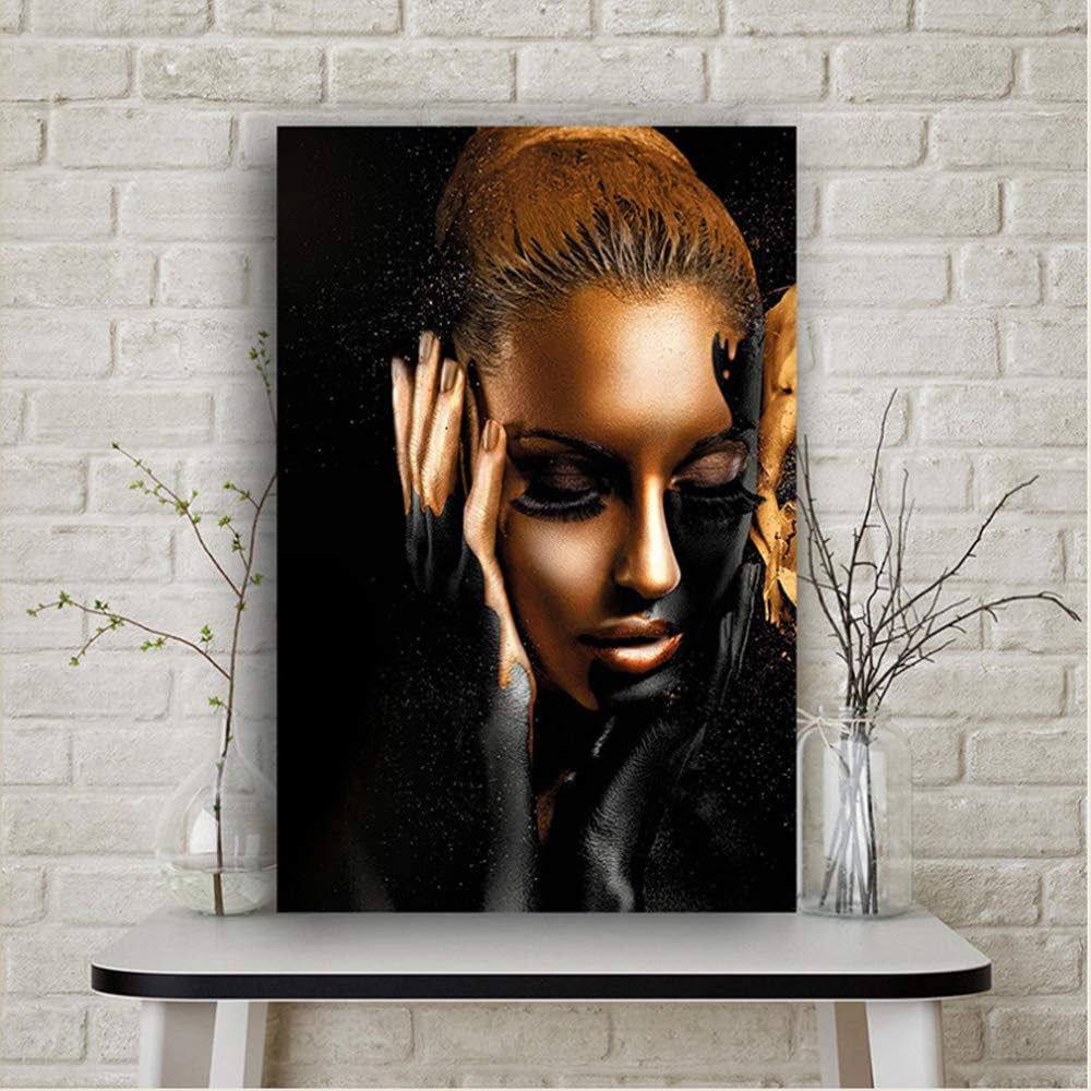 African Art Black and Gold Woman Oil Painting on Canvas Cuadros Posters Girl Canvas Print Scandinavian Wall Art Picture for Girls Living Room Bedroom Decoration