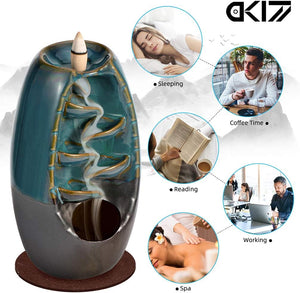 Waterfall Incense Holder Backflow Cone Ceramic Burner Handcrafted Porcelain Censer Incense Stick Stand with 20 Free Cones