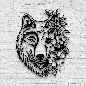 Floral Wolf Metal Wall Art LED Light, Wolf Sign Home Decor, Ideal for Home Decor