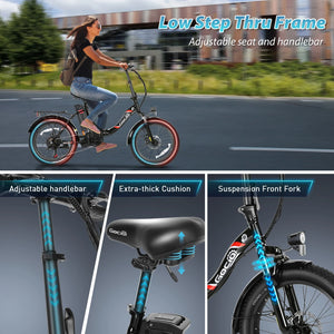 500W Electric Bike, 20" * 3.0" Fat Tire Electric Bicycle, City Cruiser Ebike with 48V 10.4Ah Removable Battery UL 2849, Max 19.8Mph Electric Folding Bike for Adults Shimano 7 Speed Black