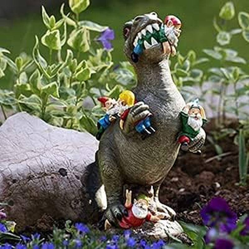 Dinosaur Eating Gnomes Garden Decor, Art for Garden Decor, Outdoor Statue for Patio, Lawn, Yard Art Decoration, Housewarming Garden Gift