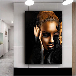 African Art Black and Gold Woman Oil Painting on Canvas Cuadros Posters Girl Canvas Print Scandinavian Wall Art Picture for Girls Living Room Bedroom Decoration