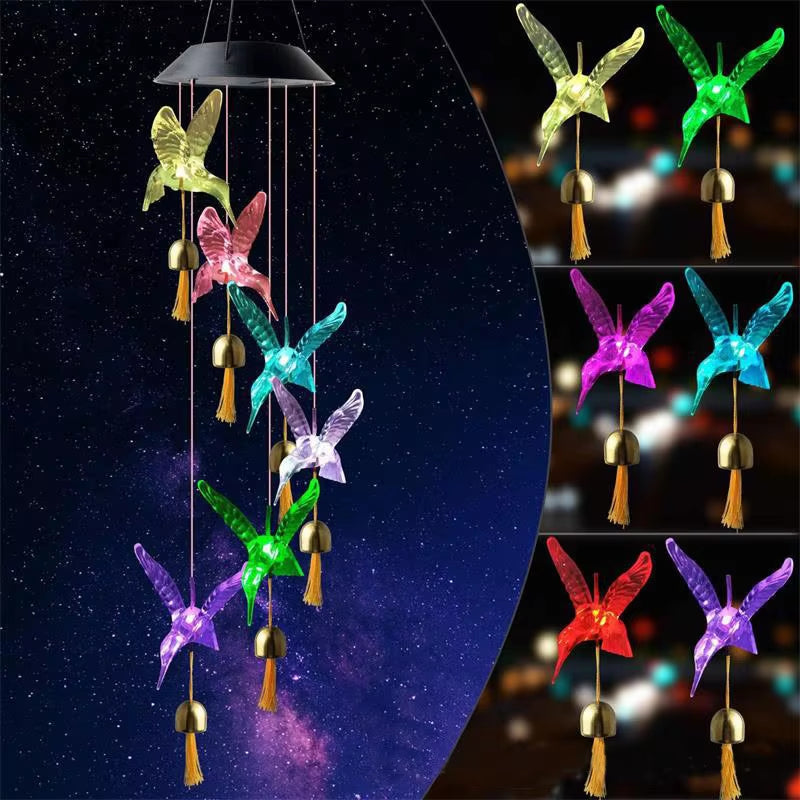 Color Changing Solar Power Wind Chime Hummingbird Angel Butterfly Waterproof Outdoor Decoration Light for Patio Yard Garden