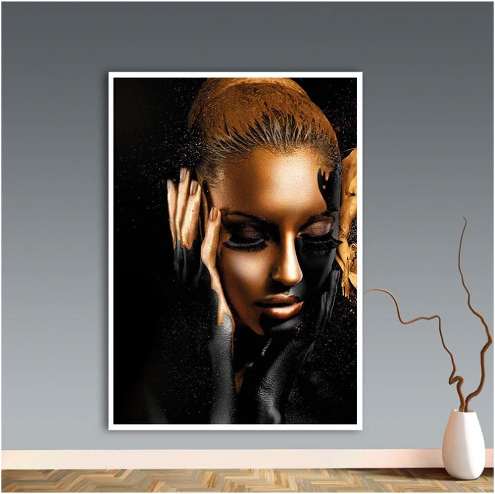 African Art Black and Gold Woman Oil Painting on Canvas Cuadros Posters Girl Canvas Print Scandinavian Wall Art Picture for Girls Living Room Bedroom Decoration