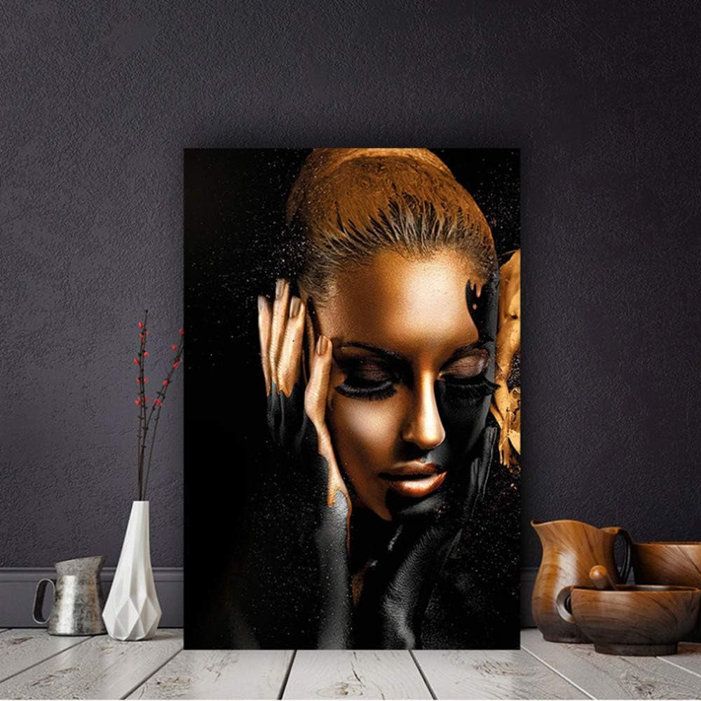 African Art Black and Gold Woman Oil Painting on Canvas Cuadros Posters Girl Canvas Print Scandinavian Wall Art Picture for Girls Living Room Bedroom Decoration