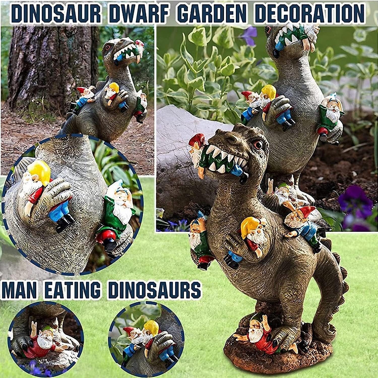 Dinosaur Eating Gnomes Garden Decor, Art for Garden Decor, Outdoor Statue for Patio, Lawn, Yard Art Decoration, Housewarming Garden Gift