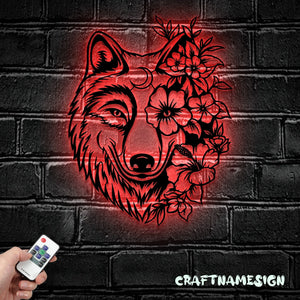 Floral Wolf Metal Wall Art LED Light, Wolf Sign Home Decor, Ideal for Home Decor