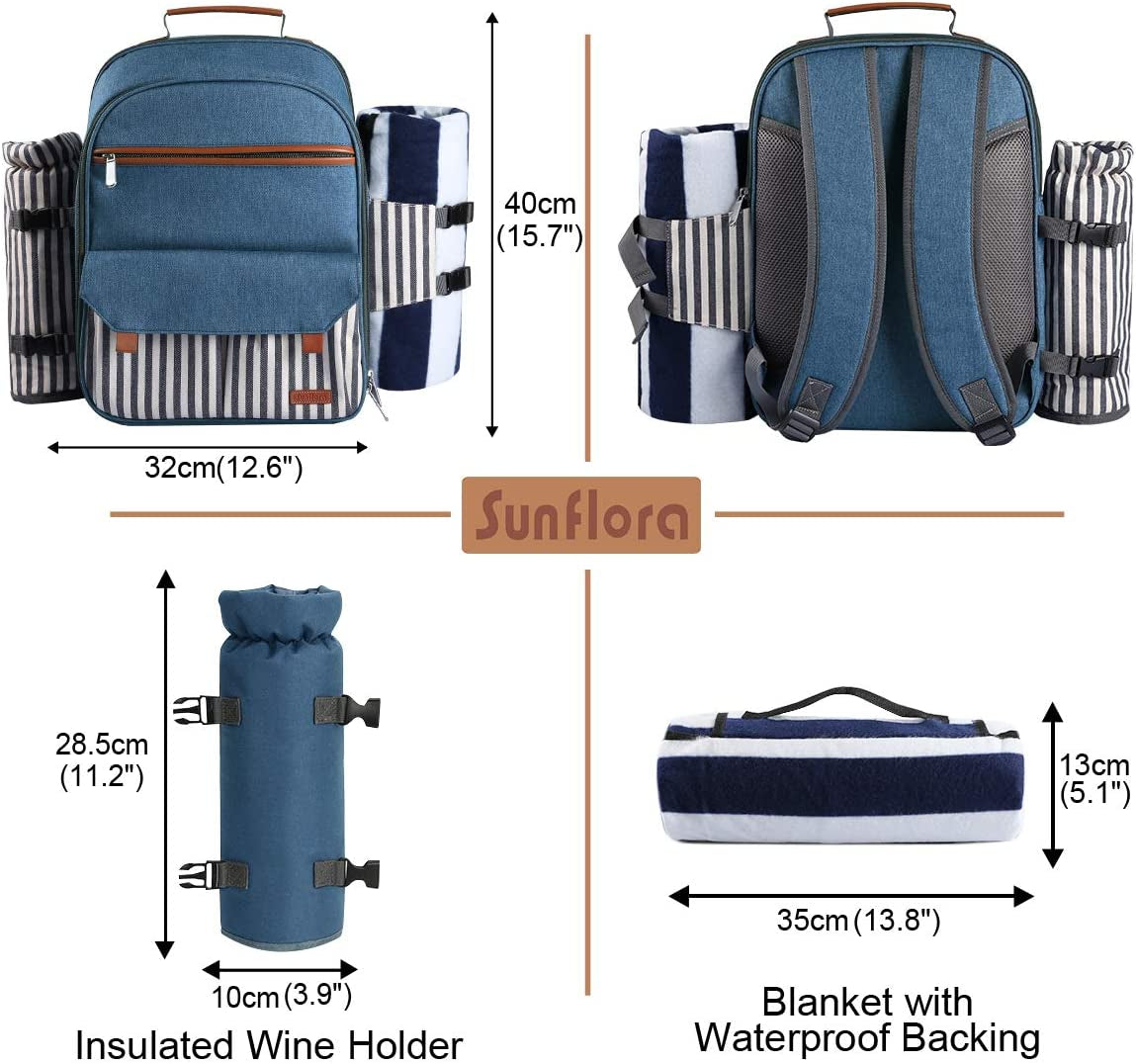 Picnic Backpack for 4 Person with Blanket Picnic Basket Set for 2 with Insulated Cooler Wine Pouch for Family Couples (Blue & Stripe)