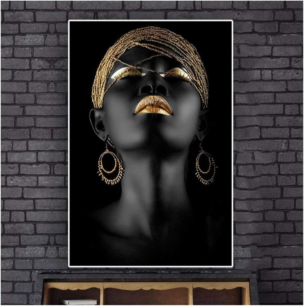 African Art Black and Gold Woman Oil Painting on Canvas Cuadros Posters Girl Canvas Print Scandinavian Wall Art Picture for Girls Living Room Bedroom Decoration(No Frame)