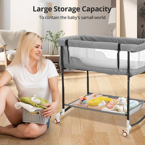 Baby Bassinet,  4 in 1 Adjustable Infant Bedside Crib Beds with Changing Table, Storage Basket, Wheel, Mosquito Net, for 0-24 Months, Gray