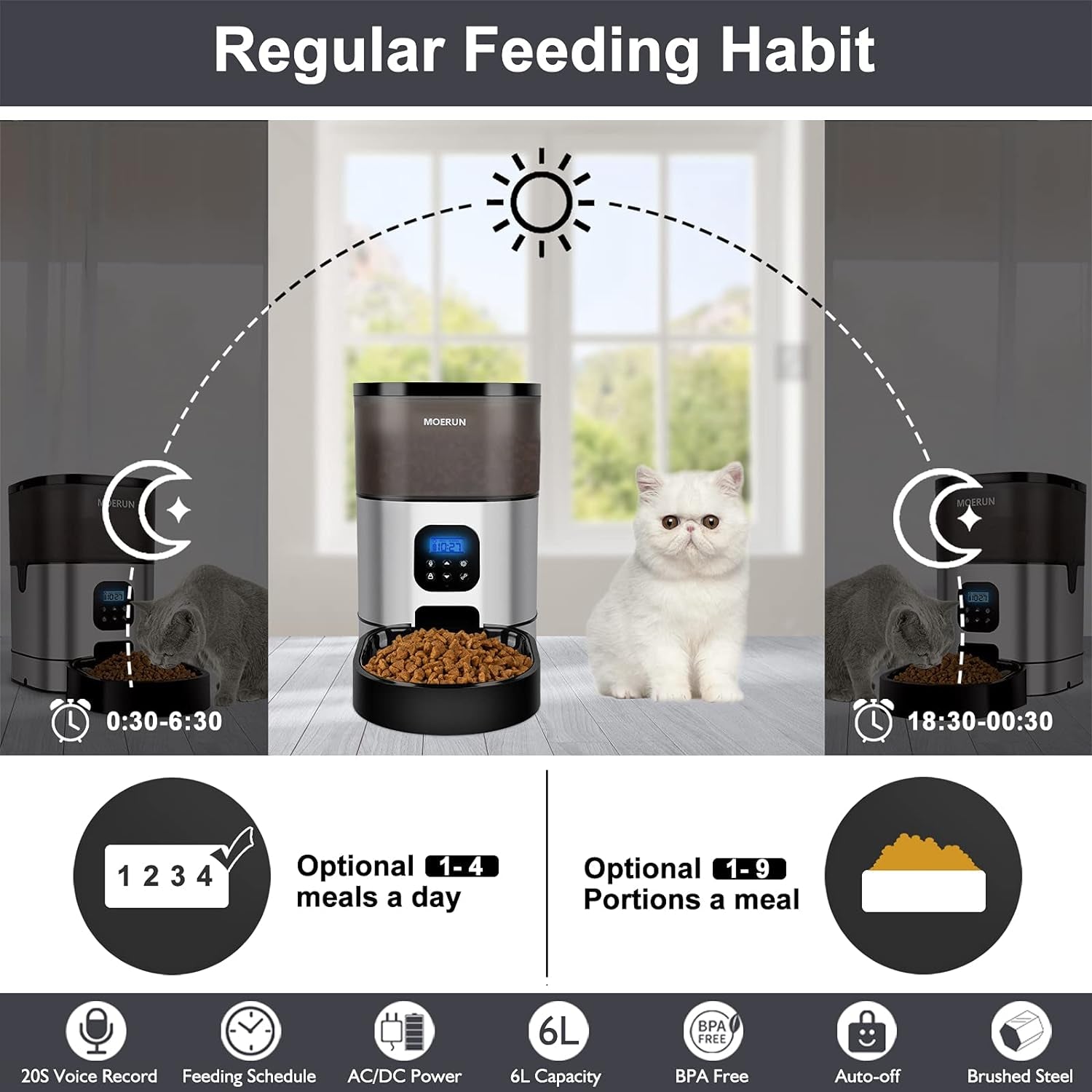 Automatic Cat Feeder  6L Transparent Cat Food Dispenser Timed Cat Feeder with Desiccant Bag,Programmable Feeder 1-9 Portion 1-4 Meals per Day 20S Voice Recorder for Small&Medium Pets