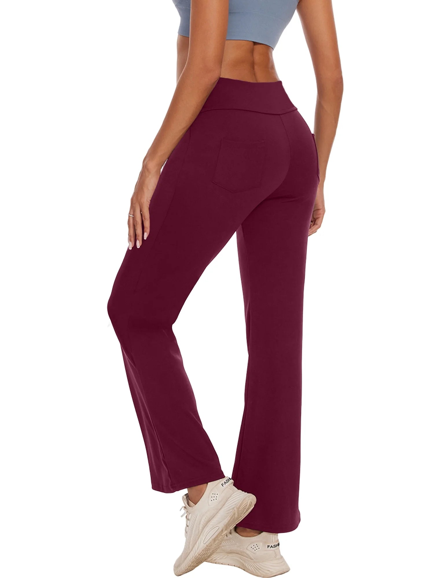 Women Bootcut Yoga Pants with Pockets Female High Waist Bootleg Trousers Workout Activewear Dark Red M