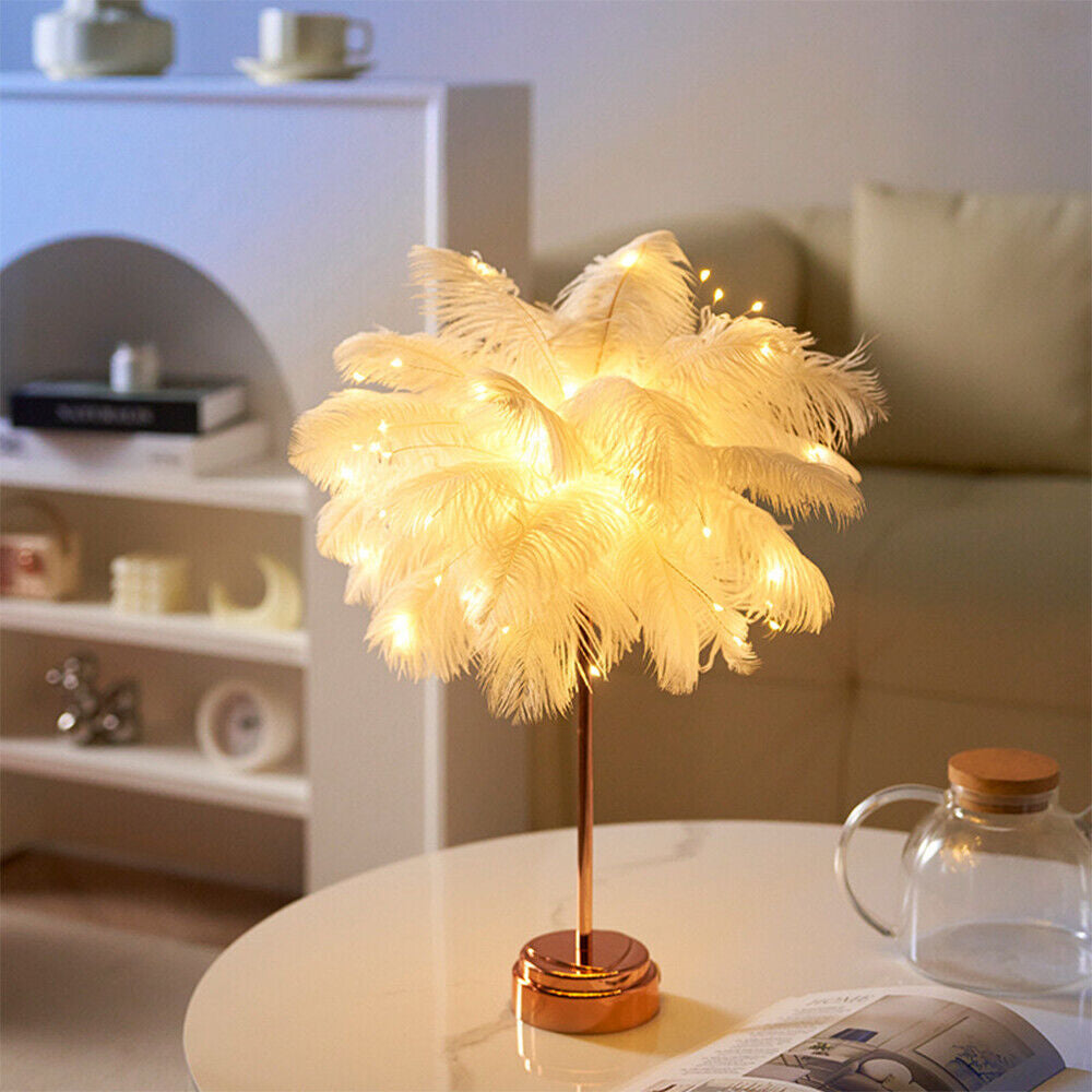 Feather Shade Table Lamp Table Night Light Decor Light Usb/Battery Power Wedding