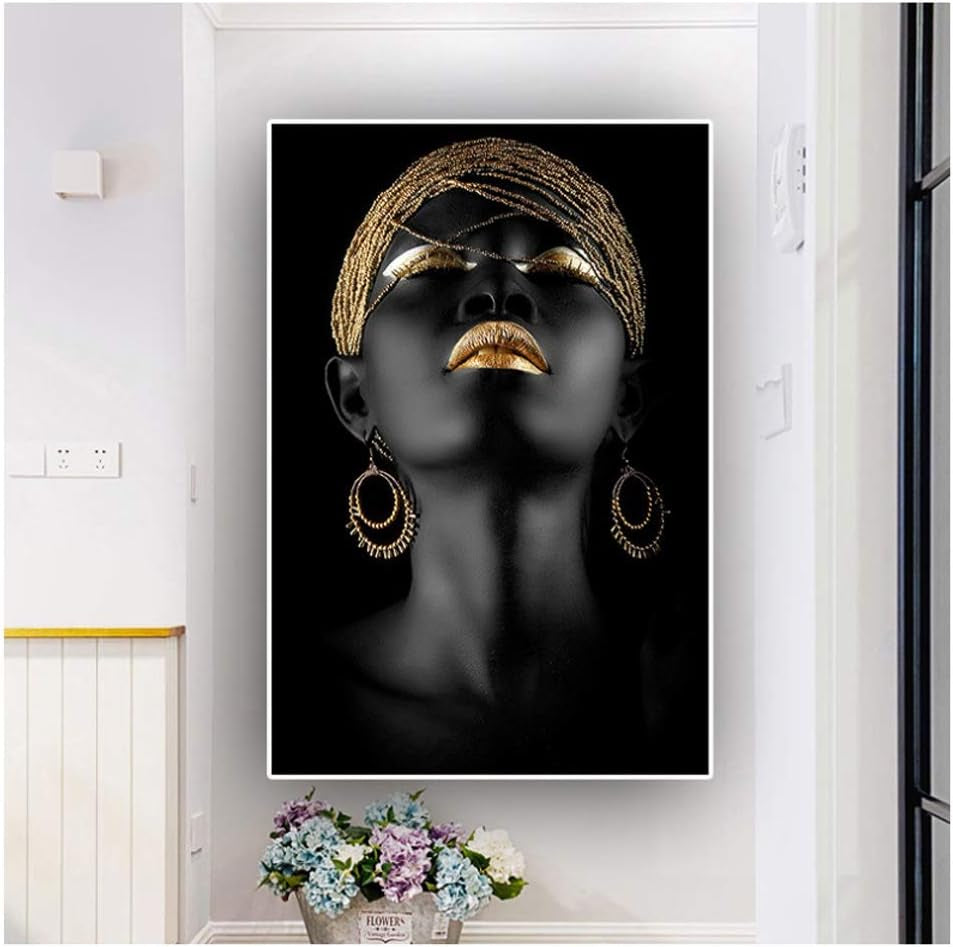 African Art Black and Gold Woman Oil Painting on Canvas Cuadros Posters Girl Canvas Print Scandinavian Wall Art Picture for Girls Living Room Bedroom Decoration(No Frame)